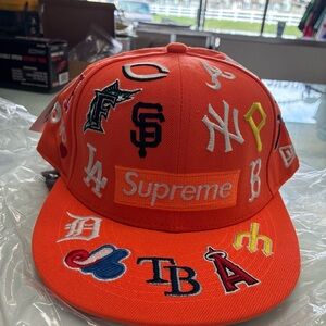 New Era X Supreme All MLB Teams Logos Orange 5950 Fitted Size 7 1/2 NWT